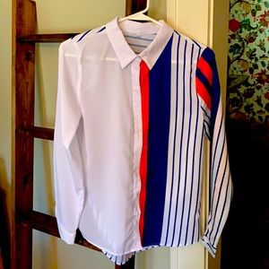 Orange and Blue White Striped Button Down Shirt, Size S
